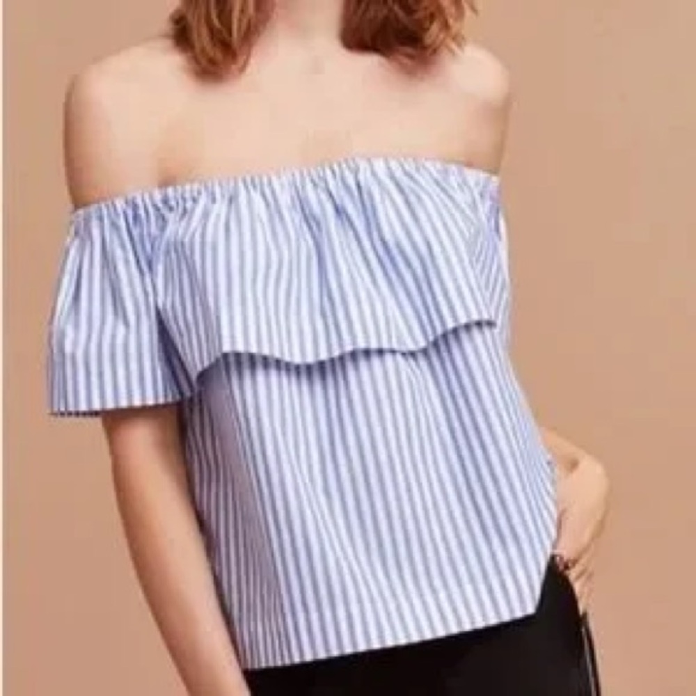 100% Cotton WILFRED Blue and White Off-Shoulder